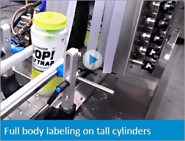 Full body shrink sleeving machine on tall woobly cylindrical containers