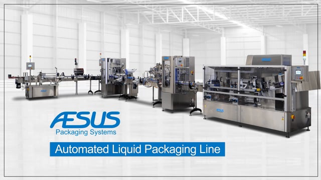 Automated Liquid Packaging Line Bottle Unscrambler Ball Inserter AESFill AF1 x 4 with Automation Kit Eco Star Capper Induction Sealer Eco Prism Labeler Aesus Packaging Systems