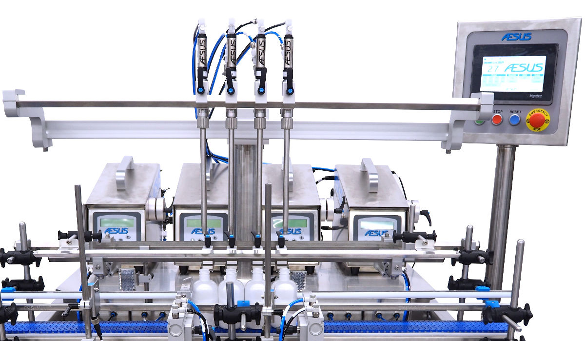 Fillers Manual to Automatic • AESFill AF1 to AF4 to AF12 • Liquid Filling Machines • Aesus 3 Línea de llenado de líquidos Botellas